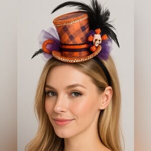 Halloween Mini Top Hat Headband Skull Feather Tulle Costume Accessory